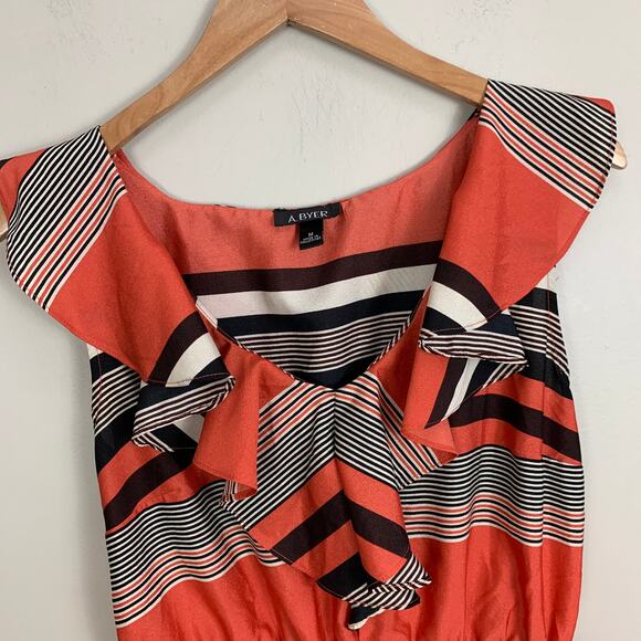 A Byer Dress Multi Stripe V neck Flounce Ruffle Sleeveless Dress Coral Orange M - Picture 3 of 10